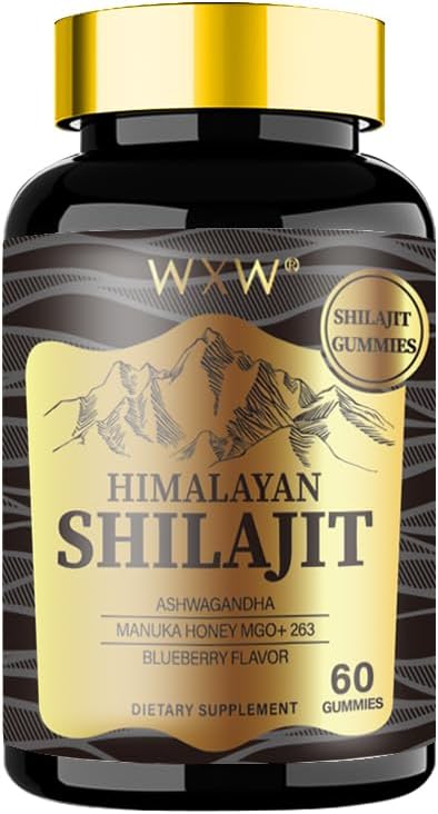 WXW Himalayan Shilajit Gummies, 60 Počet, Blueberry Flavor, Podporuje po tréninku zotavení, imunitní systém, Digestion, Mysl & Paměť, Zdravé srdce, Kognitivní Abalance (1 láhev, Gold Shilajit)