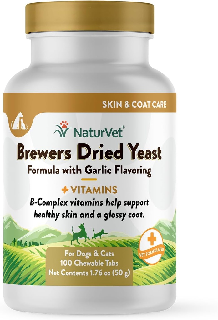 NaturVet Brewers Sušený kvasinkový vzorec s česnekovým ochucením Plus vitamíny pro psy a kočky, Žvýkací tablety, Vyrobeno v USA s globálně zdroje ingredience 100 Počet