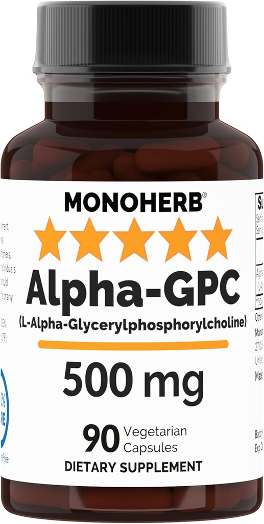 Monoherb Alpha- GPC 500 mg - 90 Veganových kapslí, nootropní pro podporu mozku, zaměření, paměť, motivace a energie