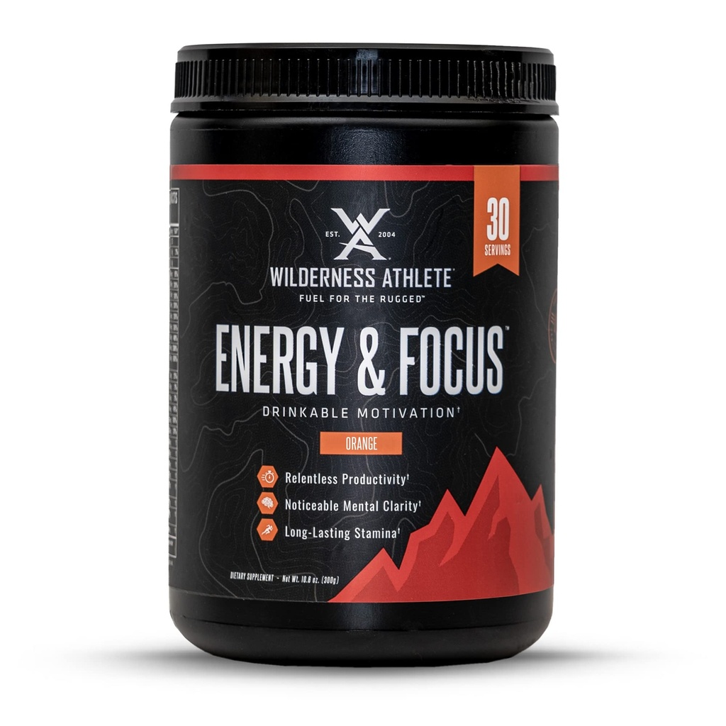 Wilderness Athlet - Energy & Focus Official 124; Energy Pre Workout pro ženy a muže - Energy Powder Drink Mix with Natural Caffeine - Low- Carb, Nulový cukr, No Crash Workout Powder - 30 Serving Tub (Orange)