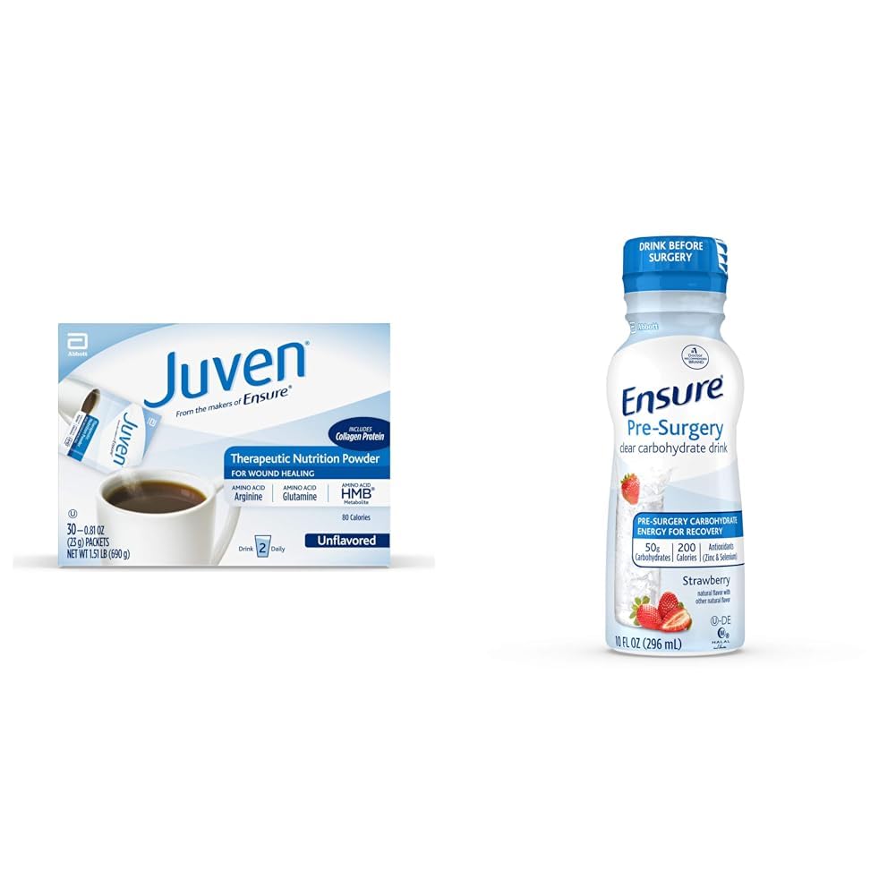 Juven Terapeutické Nutrition Drink Mix Powder for Wound Healing Support, Includes Collagen Protein, Neochucený, 30 Count & Security Pre- Chirurgie, Clear Carbohydrát Drink, Jahoda, 10 Fl Oz (balení po 4)