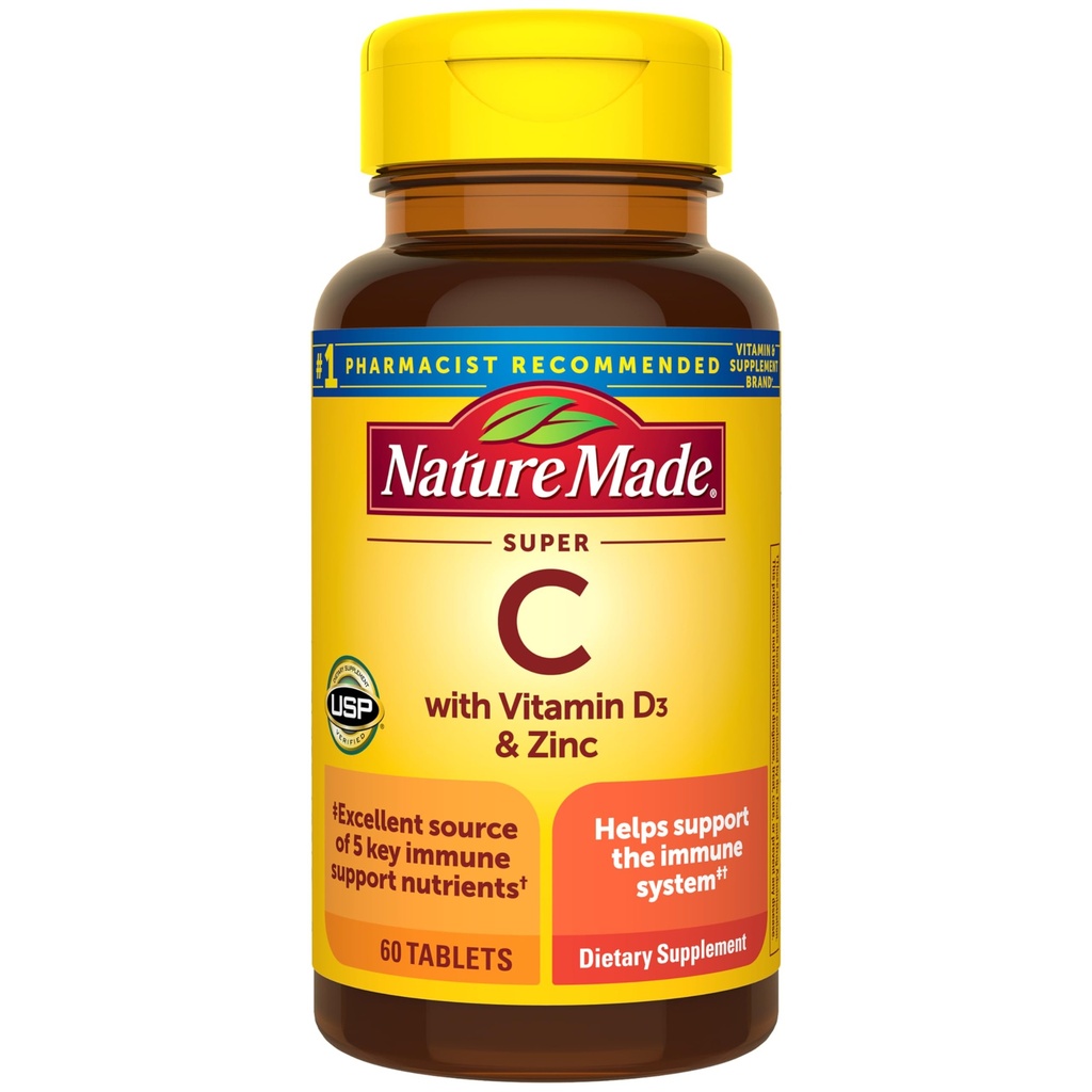 Nature Made Super C, Vitamin C a zink s vitamínem D3, Dietní dodatek pro imunitní podporu, 60 Tablety, 60 Den Dodávka