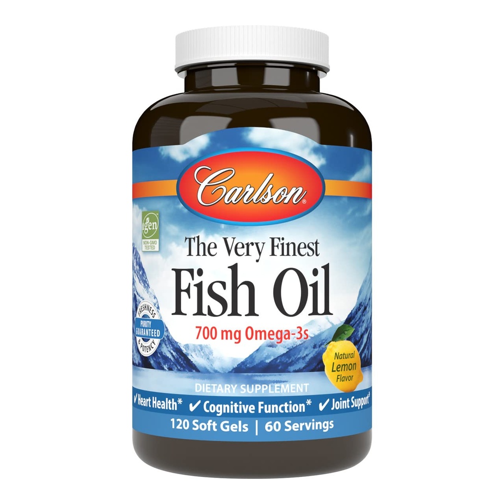 Carlson - Nejjemnější rybí olej, 700 mg Omega-3s, Norský dodatek k rybím oleji, Wild Catched Omega33 Fish Omega33 Fish Oil, Udržitelně sourced Fish Oil Kapsle, Omega 3 Dodatek, Lemon, 120 Softgels
