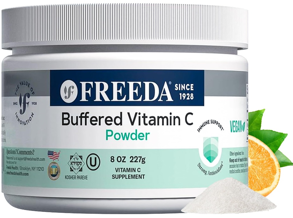 FREEDA Buffered Vitamin C Powder (kalcium askorbát) - Non- Acidic, Stomach- Friendly Vitamin C pro citlivé jedince - Vegan, Kosher, Sugar- Free Imunitation Support - 8 oz