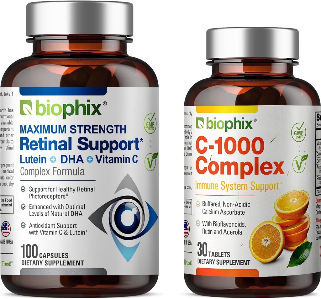 biophix Retinal Support Maximální síla Complex Formule 100 Kapsle - Volný C- 1000 30 Tablety - Zinek Vitamin C E Lutein DHA Omega33 Astaxanthin Hyaluronic Acid - Podporuje oční vidění zdraví