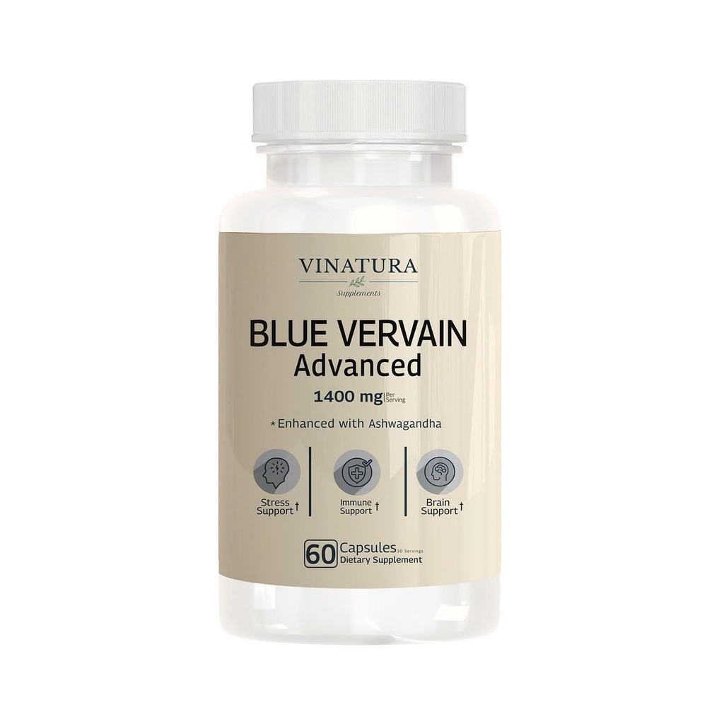 VINATURA Blue Vervain Advanced with Ashwagandha - 1400mg per serv, Blue Vervain Kapsle, Blue Vervain Tea Alternative, Brain Health, Stress Relief, Ashwagandha doplňky - 60 Kapsle