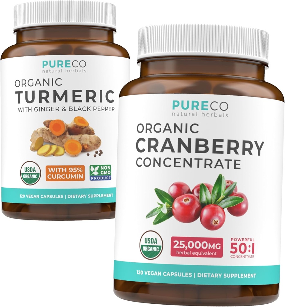 Koncentrát pro kurkumy a brusinky (4- měsíční zásoba) Cranberry Curcumin Bundle of Organic Turmeric Curcumin with Black Pepper & Ginger (120 Caps) & Organic Cranberry Concentrate 50: 1 Extract (120 Caps)