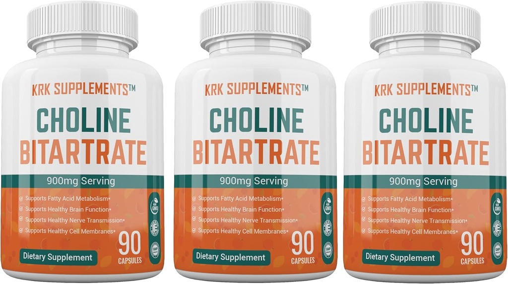 3 Lahvičky Choline Bitartate 900mg per Serving 270 Celkové kapsle KRK Doplňky