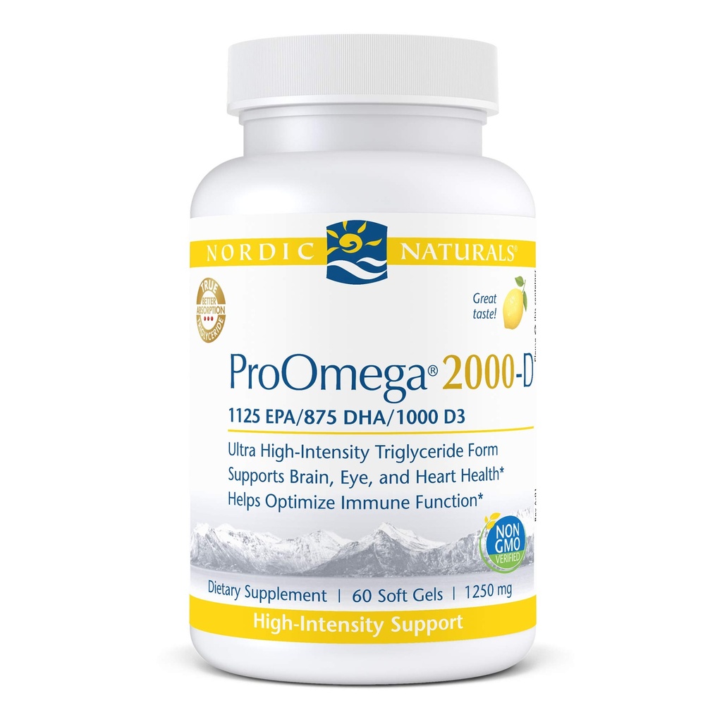 Nordic Naturals ProOmega 2000-D - Fish Oil, 1125 mg EPA, 875 mg DHA, 1000 IU vitaminu D3, kardiovaskulární, neurologické, oční a imunitní zdraví, Lemon Flavor, 60 měkkých gelů
