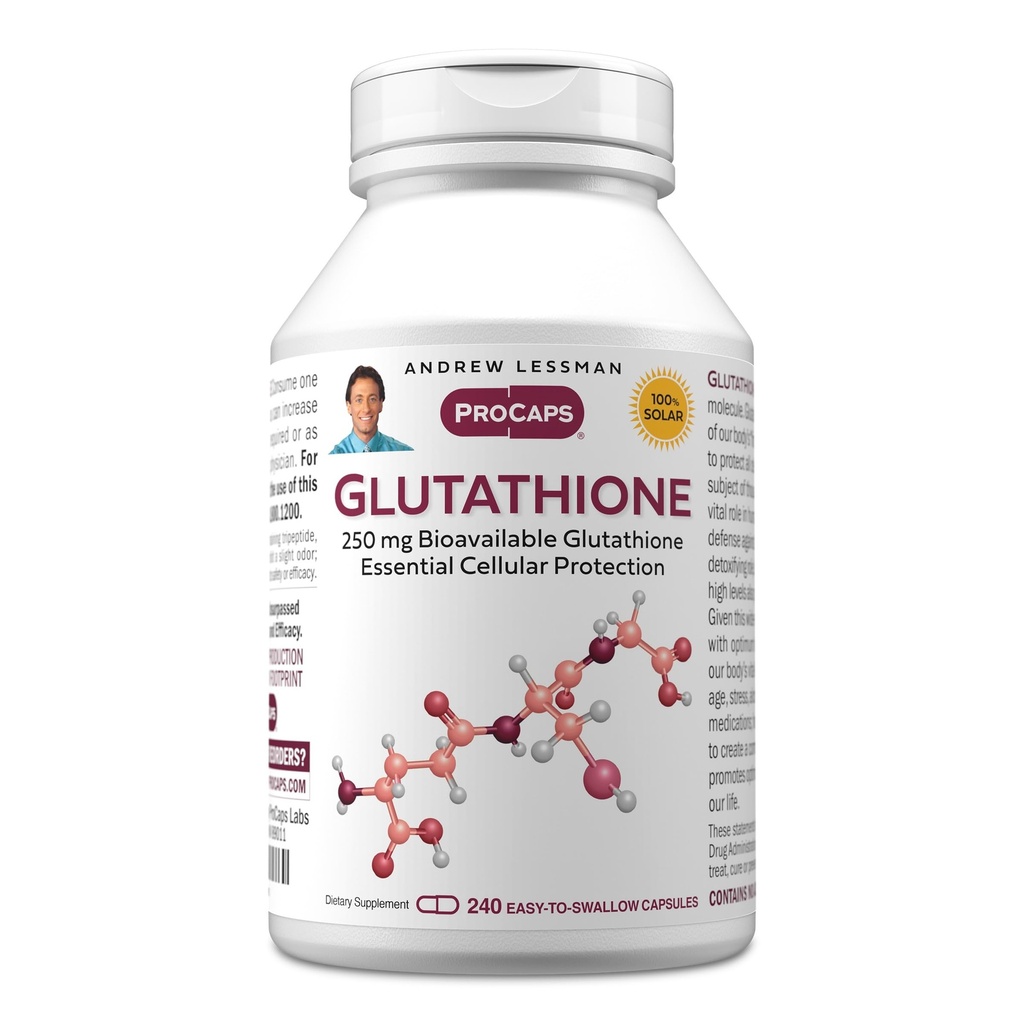 ANDREW LESSMAN Glutathione 250 mg - 240 Kapsle - Výkonný antioxidant, snižuje oxidativní stres. Biologicky dostupné, chrání buňky, tkáně, varhany. Podporuje imunitní zdraví. Snadno polykejte tobolky.