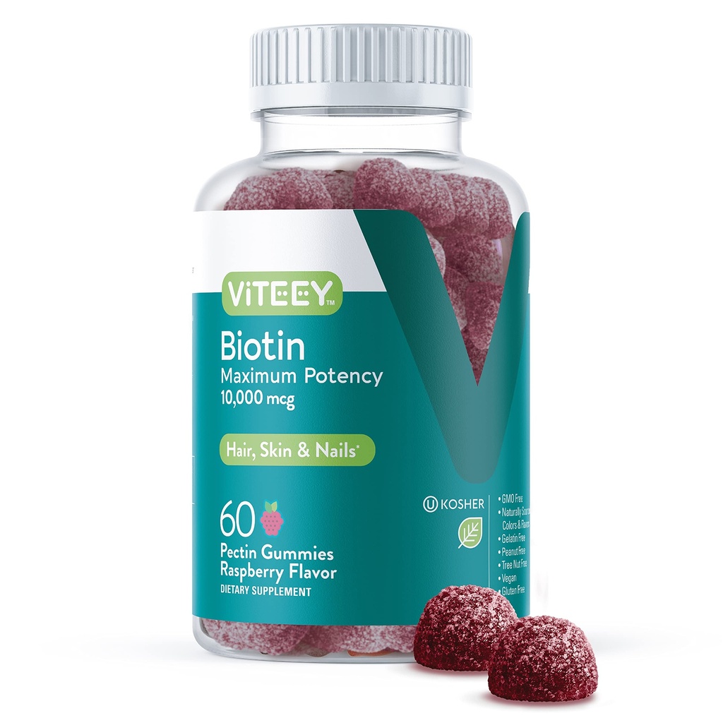 Viteey Biotin Gummies for Hair Skin and Nails - Biotin for Hair Growth Gummies - 10,000 mcg - Vegan, gluten- Free, Non- GMO - 60 Počet