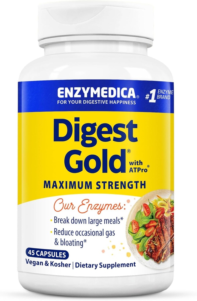 Enzymedica Digest Gold + ATPro, Maximální síla Enzyme Formule, Prevents Bloating and Gas, 14 Klíčové enzymy včetně Amylázy, Protézy, Lipázy a Laktázy, 45 Kapsle (FFP)