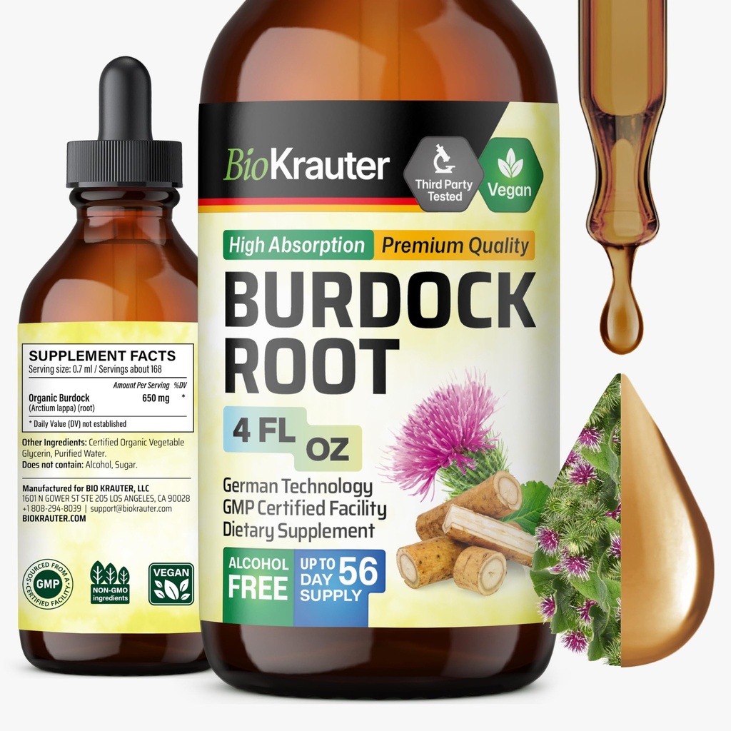 BIO KRAUTER Burdock Root Tincture - Antioxidant Support Liquid Supplement - Burdock Root Extract - Alkohol a cukr zdarma - Vegan Drops 4 Fl.Oz.