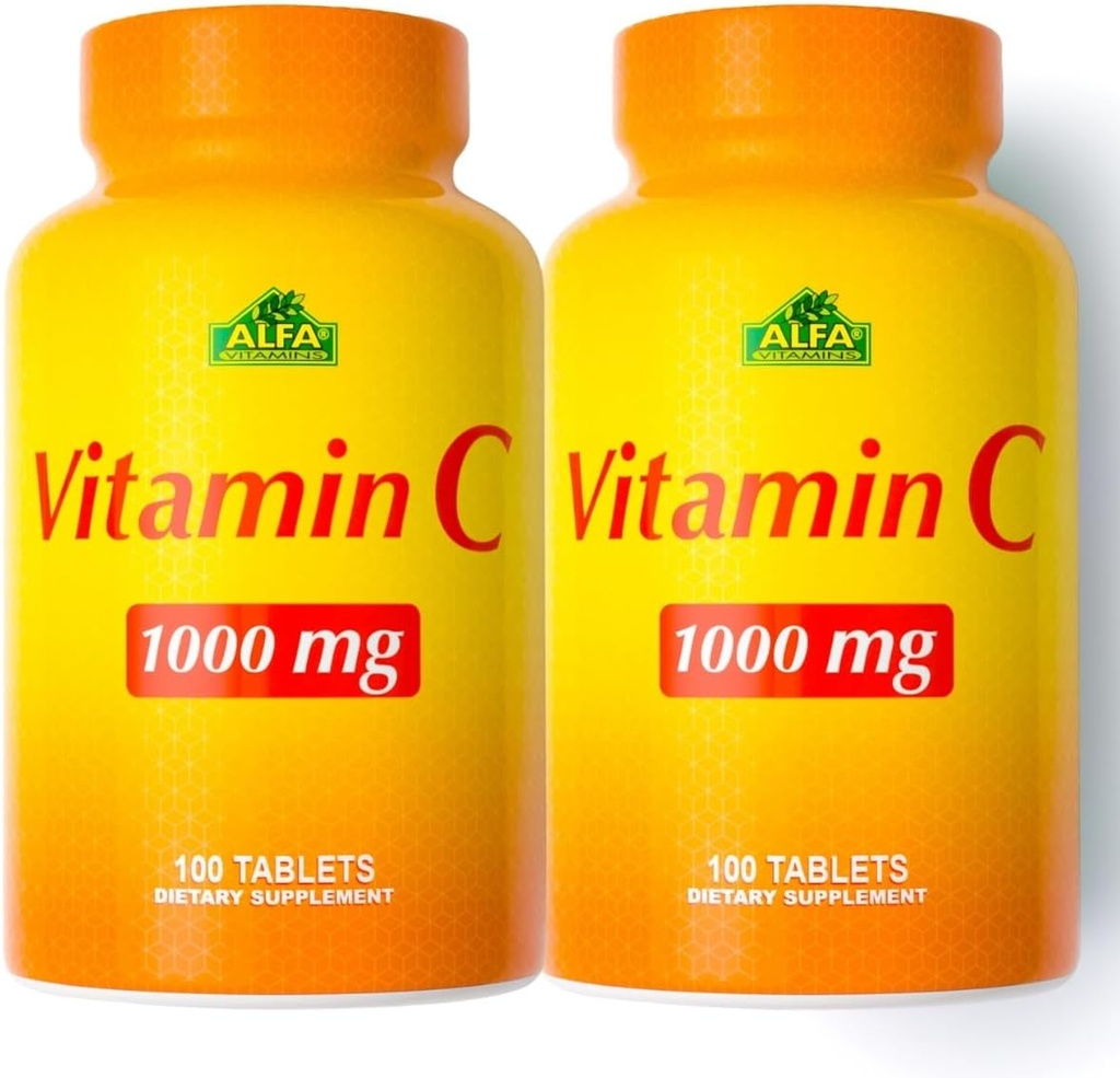 ALFA VITAMINS vitamin C dodatek 1000mg, Výkonný antioxidant pro imunitní podporu a zdravou pleť, Promotes Collagen Formation, Dietní dodatek pro denní wellness, 100 tablet, 2 balení