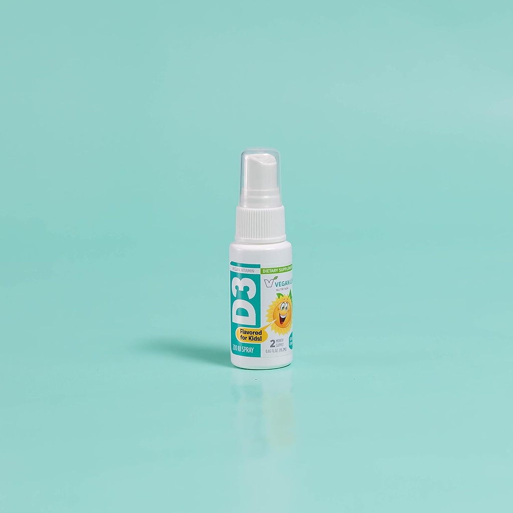 Vegan Life Nutrition - Vitamin D3 Spray pro děti - Orange- ochucené, gluten- Free, Non- GMO, Podporuje kostní zdraví a imunitní systém - 0.65 Fl Ounce