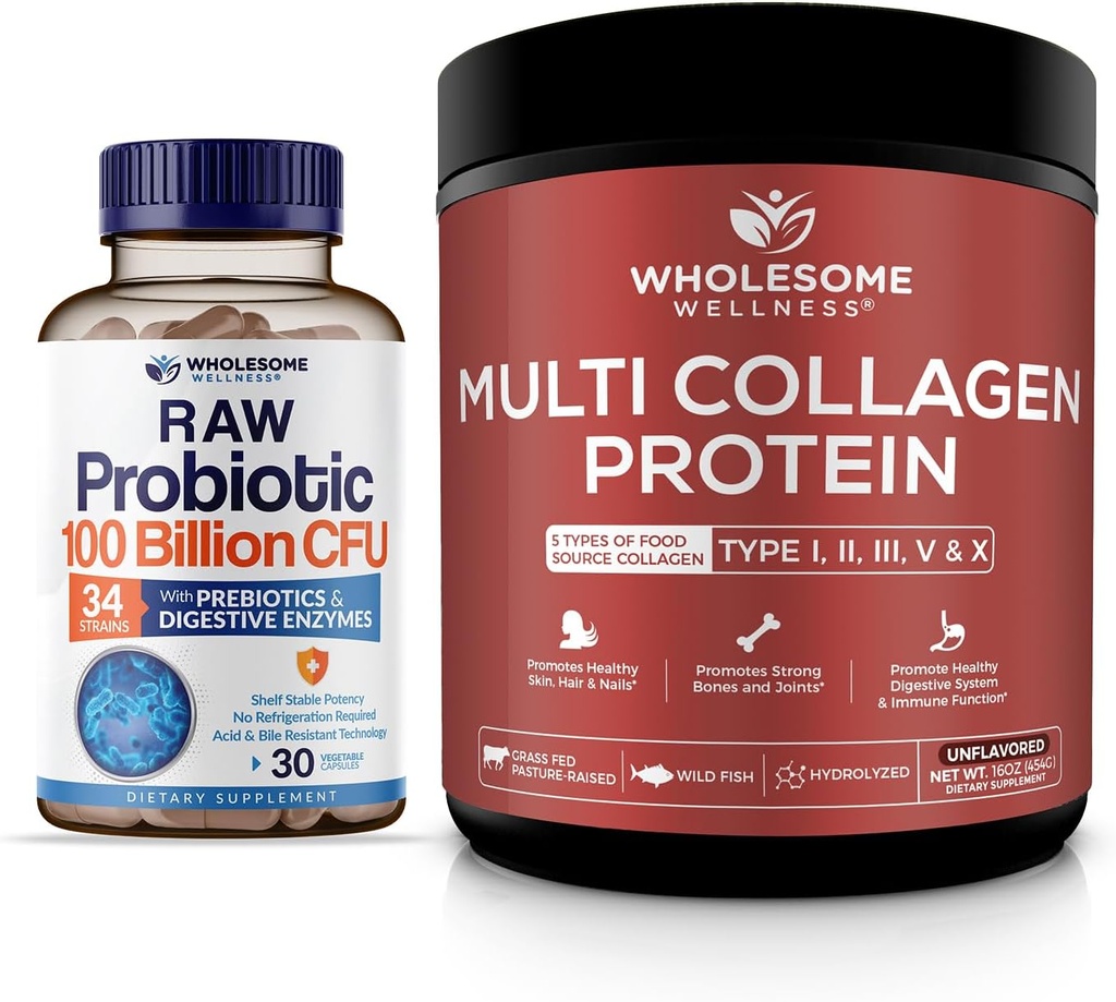 Zdravá wellness organická probiotika 100 miliard CFU, Dr. Perforovaný pro ženy a muže + Multi kolagen protein prášek hydrolyzované (typ I II III V X) Bundle