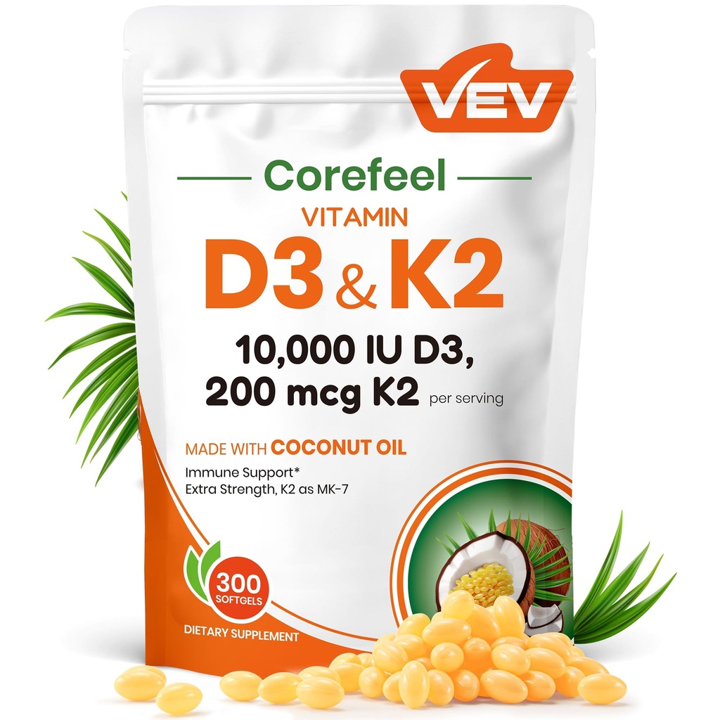 VEV Korefeel Vitamin D3 K2 10 000 IU, 200 mcg MK-7, 300 Coconut Oil Softgels, 2 v 1 Vitamíny dodatek D & K (Včetně MK7), Snadno polykat, Podporuje absorpci vápníku, zdraví kostí