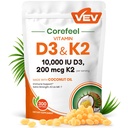 VEV Korefeel Vitamin D3 K2 10 000 IU, 200 mcg MK-7, 300 Coconut Oil Softgels, 2 v 1 Vitamíny dodatek D & K (Včetně MK7), Snadno polykat, Podporuje absorpci vápníku, zdraví kostí