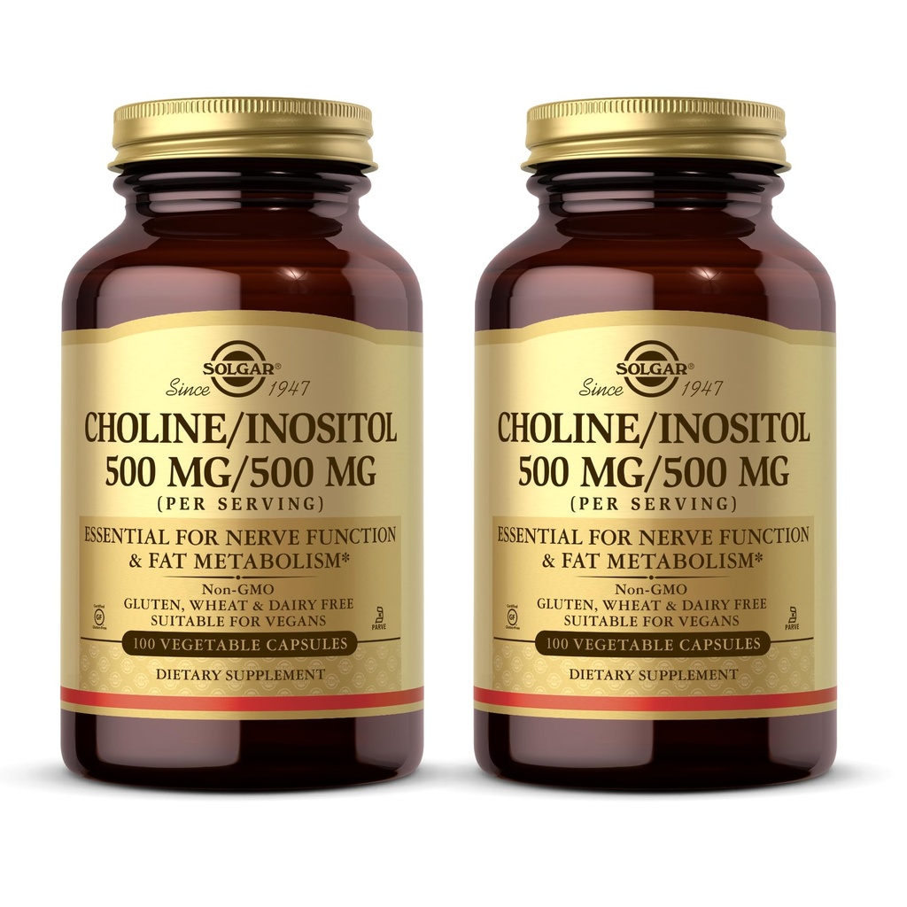Solgar Cholin / Inositol 500 mg / 500 mg, 100 Zeleninové kapsle (Balení 2) - Energetický metabolismus, Zdraví jater, Esenciální funkce mozku a nervů - Non- GMO, Vegan, Kosher - 100 Celkem Služební cesty