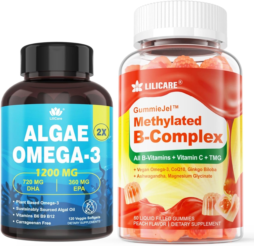 Vitamin B Complex Plněné gumy & Plant- based Algae Omega 3 1200mg dodatek