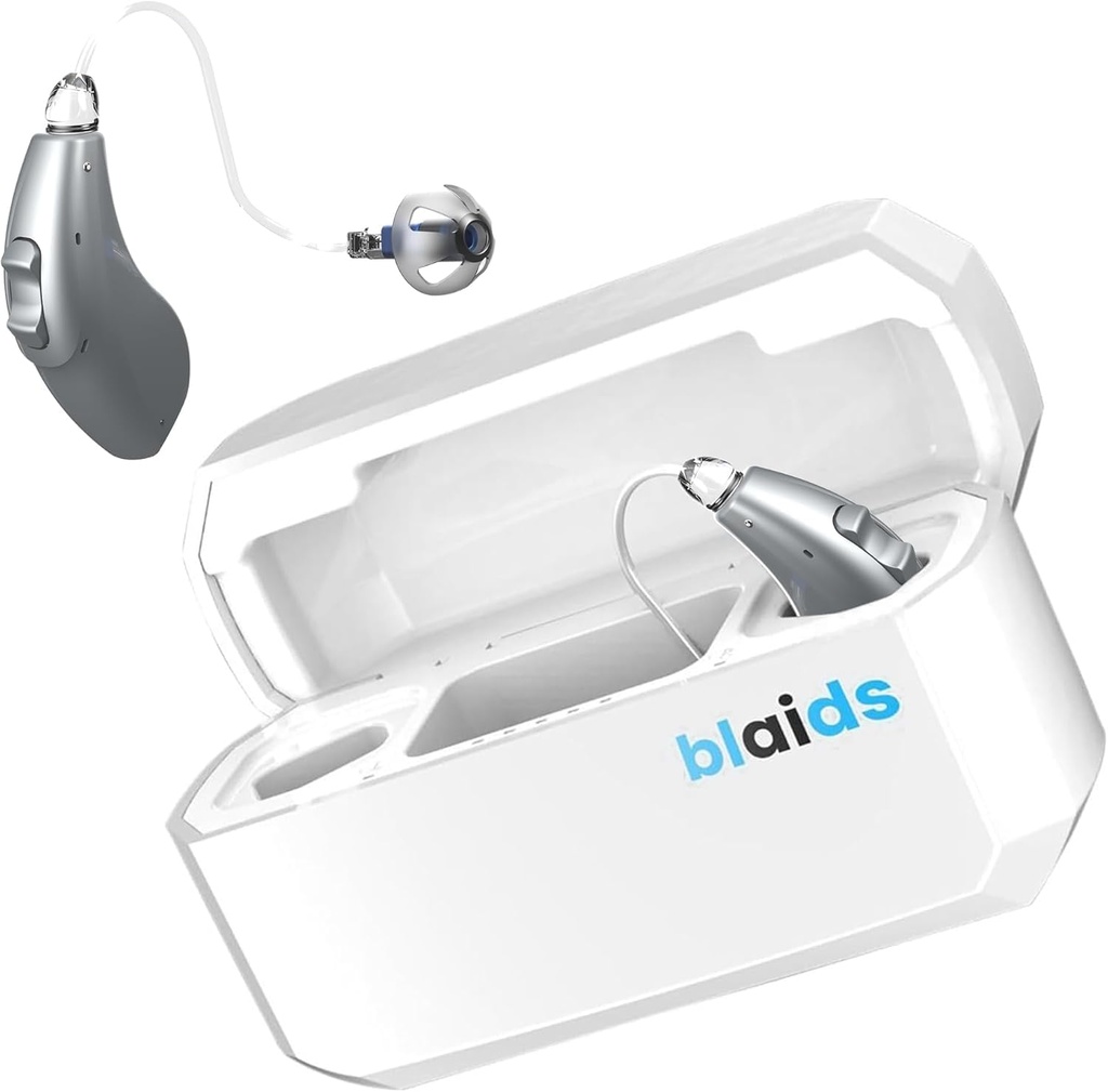 BlaidsX Neuro dobíjecí RIC + Programovatelné naslouchací pomůcky pro dospělé s mobilním App Test sluchu & Hluk zrušení, Sluchové pomůcky pro seniory, Dual Mic & 96 DSP kanály. USA- Made procesor