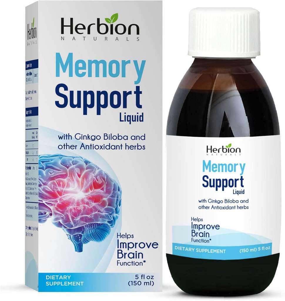 HERBION Naturals Memory Support Liquid - Pomáhá zlepšit funkci mozku a absenci mentality, udržuje zdravé hladiny moodů s Ginkgo Biloba, Dospělí a děti nad 12 let, 5 fl oz, 150 ml