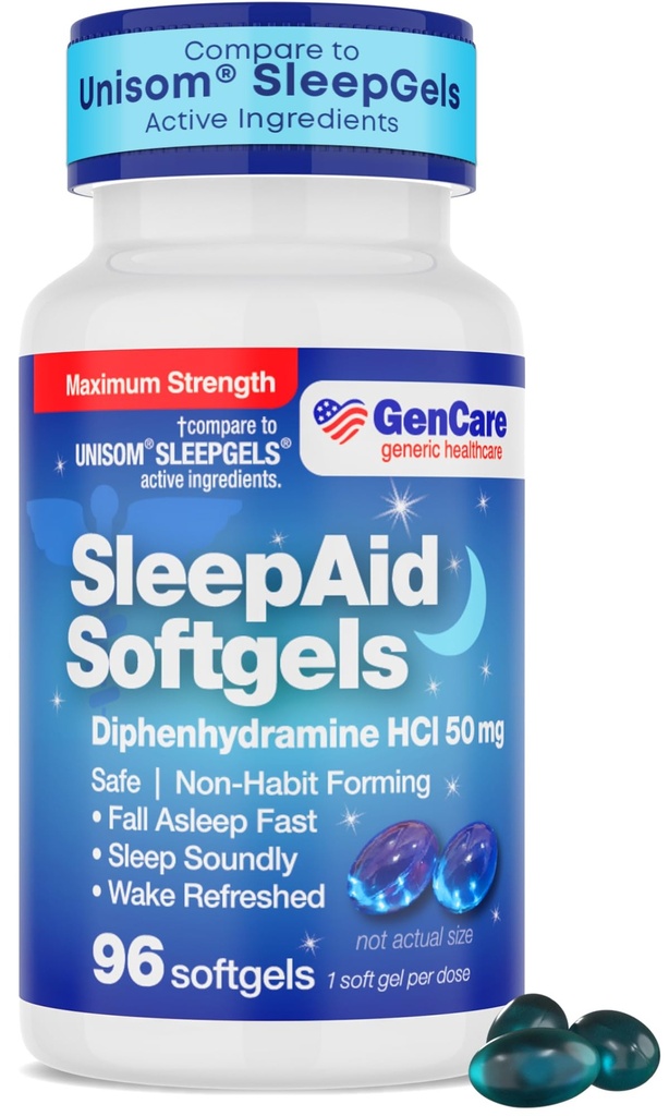 GenCare Maximální síla noční spánková pomoc Dodatek pro dospělé Deep Sleep pilulky s difenhydramin HCl 50mg k pádu Asleep Faster - silný non-Habit Forming PM spánková pomoc [96 Softgels]