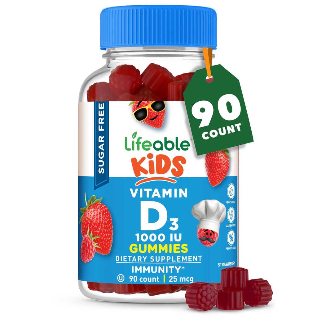 Lifeable Sugar Free Vitamin D pro děti 1000 IU - Velký Ochutnávající přírodní příchuť Gummy dodatek - Gluten Free Vegetarian Chewable - pro silné a zdravé kosti, pro děti, dospívající, Toddler, 90 Gummies