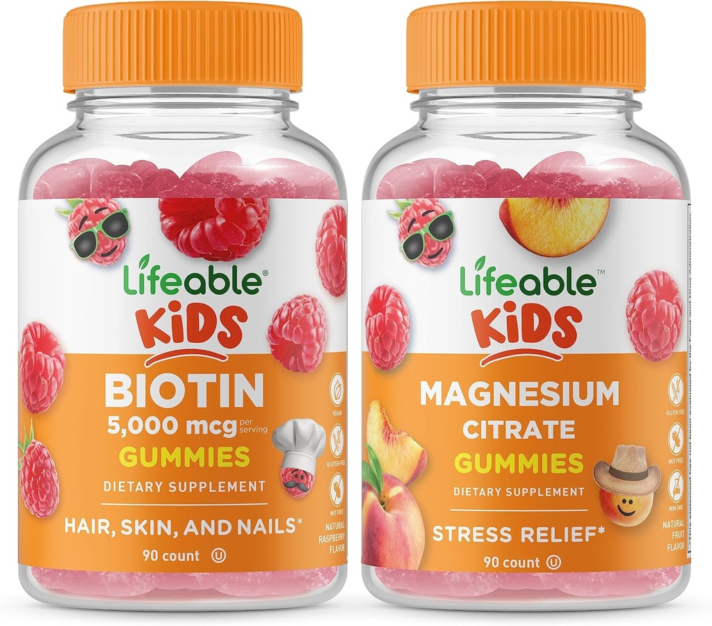 Lifeable Biotin Kids + Magnesium Citrát Kids, Gummies Bundle - Great Ochutnávání, dodatek k vitamínu, gluten zdarma, GMO zdarma, Žvýkací žlab