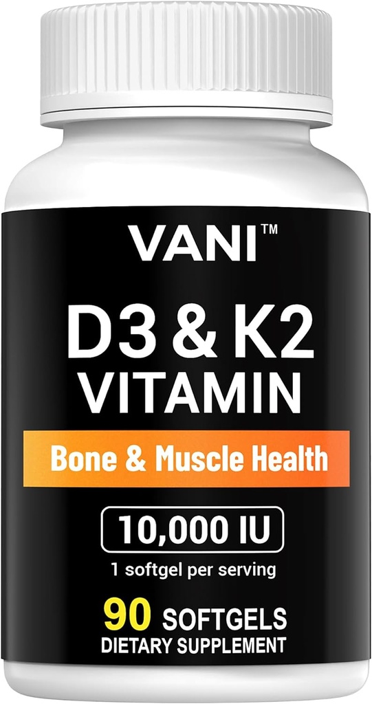 VANI Vitamíny D3 (10000iu / 250mcg) + K2 (jako Mk7), pro zdraví kostí a svalů a zubů, 90 SOFTGELS