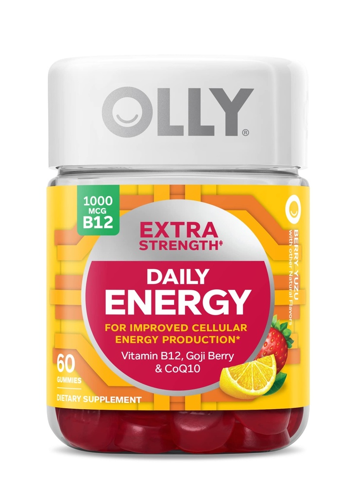 OLLY Extra Síla Denní energie Gummy, Kofein zdarma, 1000mcg vitamín B12, CoQ10, Goji Berry, Dospělý Žvýkací doplněk, Berry Yuzu Flavor - 60 Počet