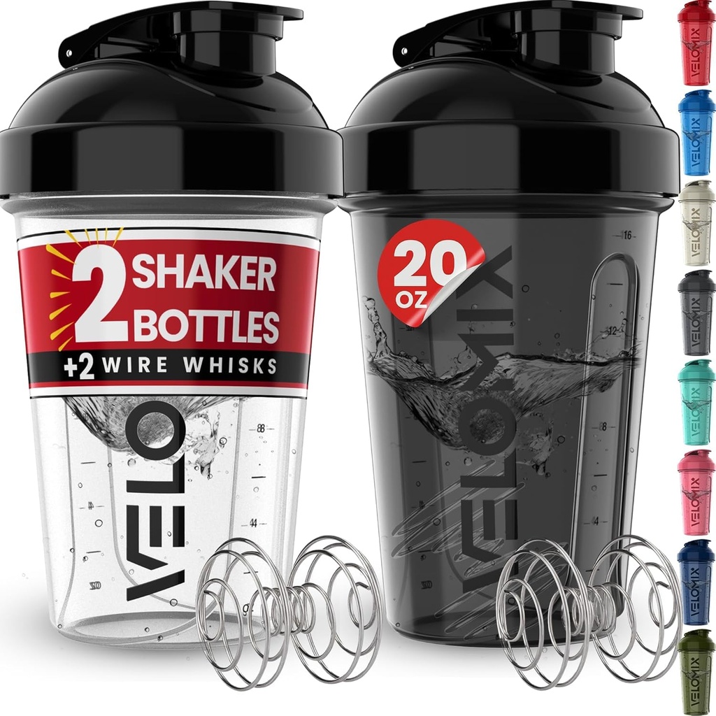 VELOMIX -2 Pack- 20 oz Lahvičky s proteinem pro proteinové směsi - 2x Wire Whisk CUP 124; Leak Proof Shaker Cups pro proteinové třepačky a předcvičení CUP 124; Lahvička s proteinem (Black / Transparentní)