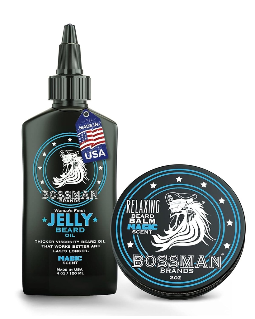 Bossman Jelly Beard Oil for men & Beard Balm for men Combo - Softens, Tames Moisturizes & Conditions - Magic Scent - Přírodní přísady & Made in USA