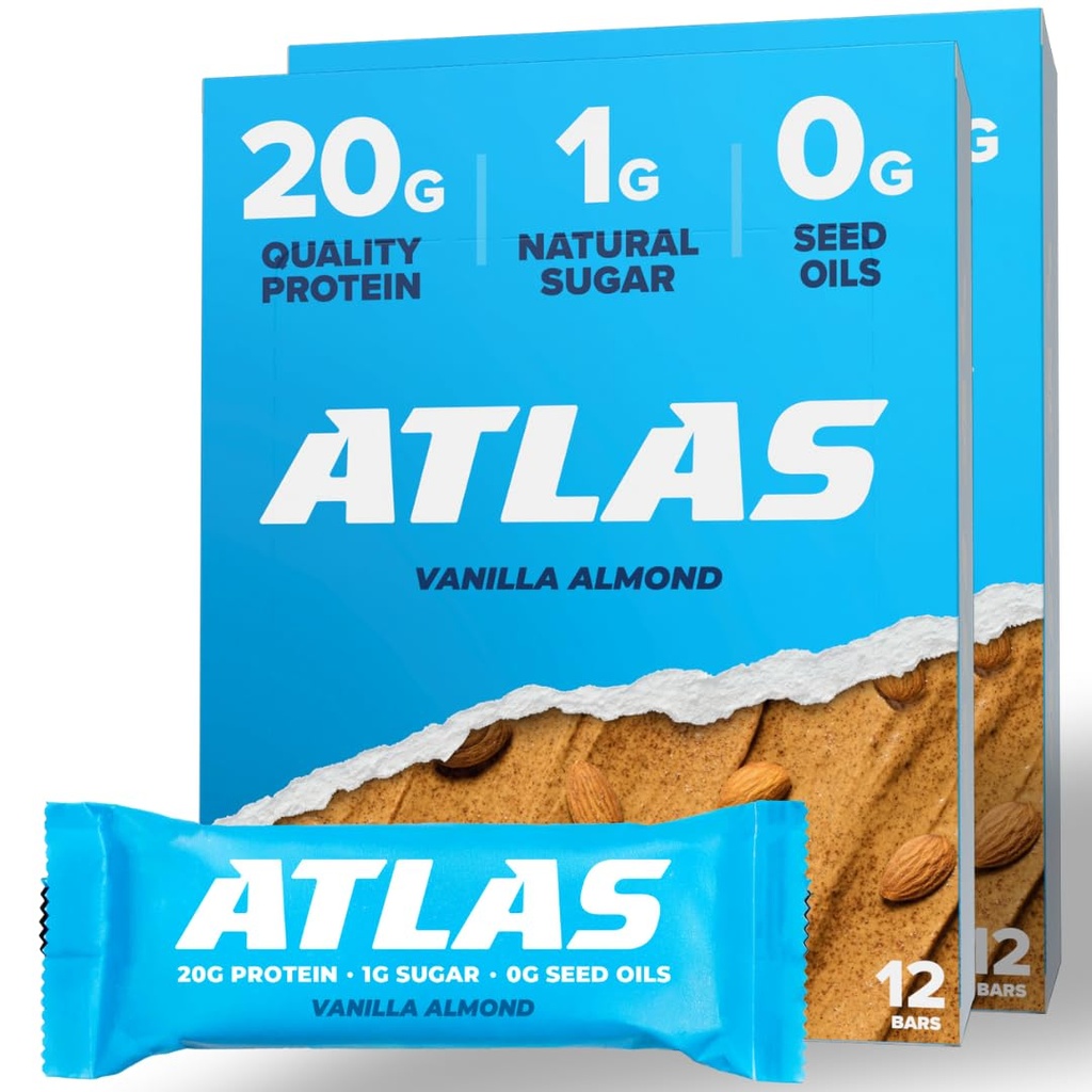 Atlas Protein Bar - 20g čistý protein, 1g přírodní cukr, žádné semenné oleje, gluten zdarma, žádné umělé sladkosti - Vanilla mandle 24 Počet