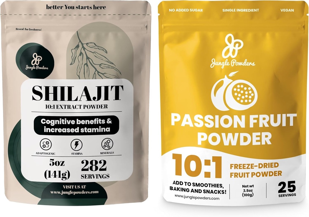 Jungle Powders Premium Duo: 5oz Raw Shilajit & 3.5oz Passion Fruit Powder - Pánská energetická podpora, Imunite Boost, s Freeze Sured Passion Fruit Powder pro pečení, Smoothies, Additive- Free Extract