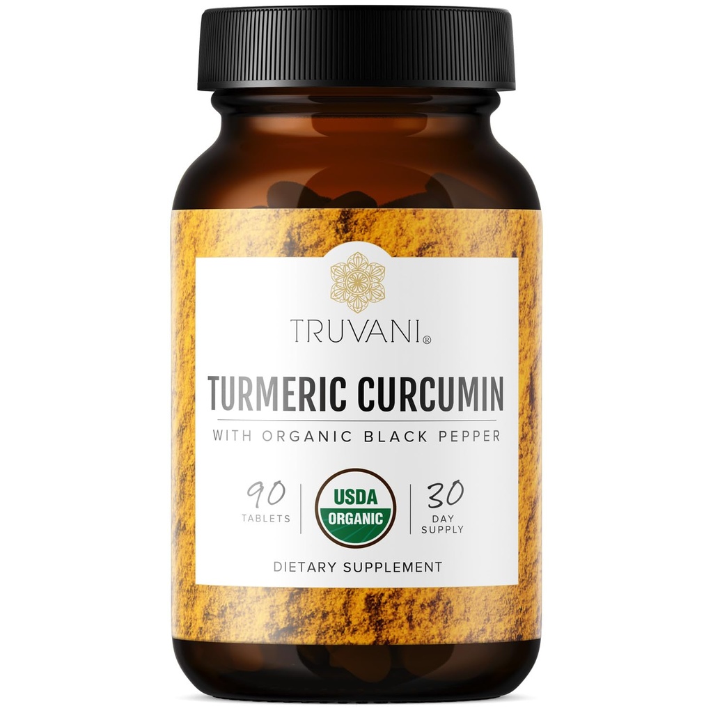 Truvani Organic Turmeric Curcumin Tablety 1,350 mg Jedna - Přírodní společná podpora s Black Pepper pro absorpci - 90 Tablet