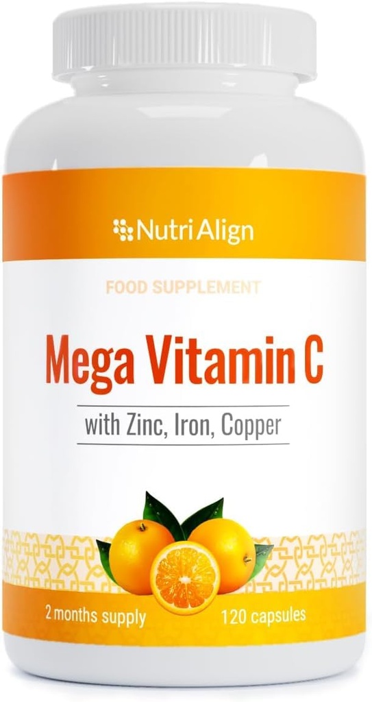 Nutri- Align Mega vitamin C C124; 120 Vysoce silný vitamin C 1000mg Kapsle - Vitamin C a zinek, Železo a měď dodatek C124; VIT C doplňky C124; gluten a cukr zdarma C124; Výkonný antioxidant