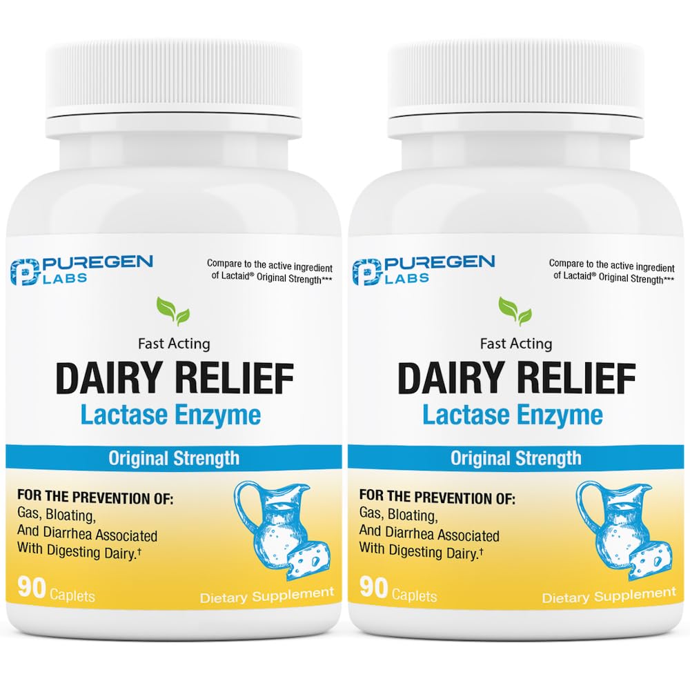 Puregen Labs Labs Dairy Relief Natural Fast Acting Laktáza Enzyme 3000 FCC, Intolerance laktózy pilulky CLAS124; 2 balení - 180 Caplet Celkem