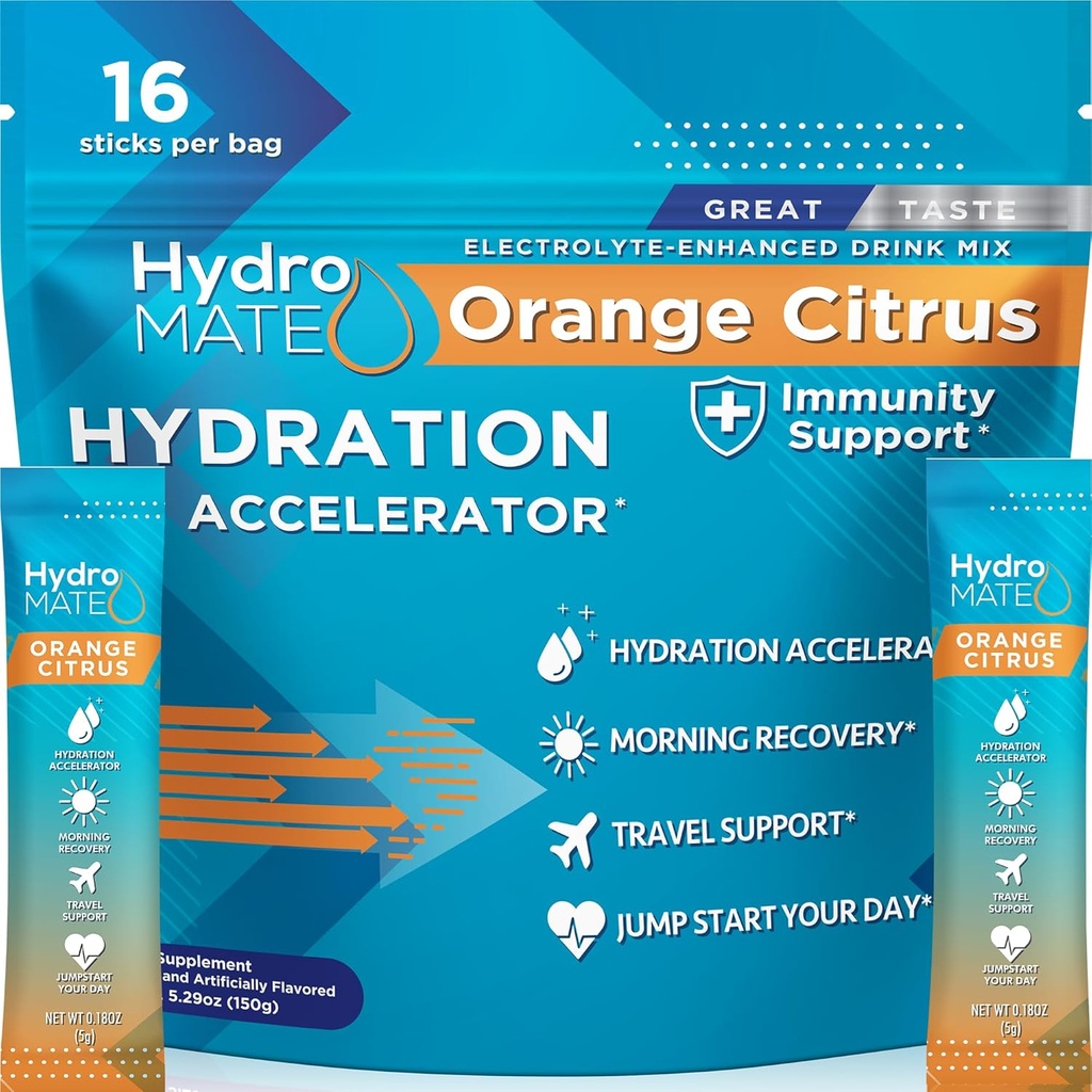 HydroMATE Electrolytes Powder s nízkým cukrem - 16 Instant Hydration Packets s vitaminem C Orange to Boost Energy - Nízký cukr Electrolytes Powder Packets na podporu hydratace pro rychlé obnovení strany