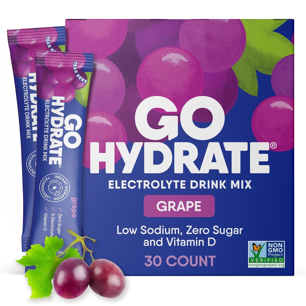 GoHydrate Instant Hydration Powder Packets - Nízké množství sodíku Electrolytes Drink Mix - Přírodní hydratační podpora, Sugar Free Electrolyte Ochucený nápoj s vitamínem D, 30 Balení, Grape