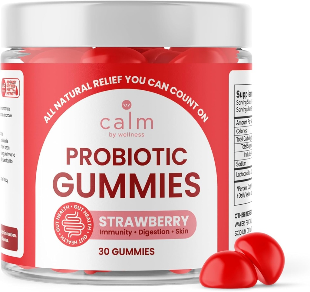Relax by Wellness Probiotic Gummies, Strawberry- ochucené, All- Natural Vegan Probiotika pro dospělé, 10 miliard CFU, Probiotic for Digestive Regularity, Imunity, Skin Health and Gut Health