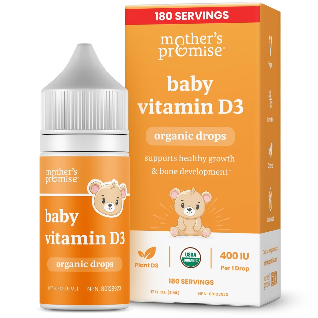 Příslib matky Organic Baby Vitamin D Kapky 124; 100% Plant Based 124; Zdravý růst & Vývoj kostí 124; Věk novorozenec + 124; 180 Servingů 124; Dětský vitamin D3 Liquid pro kojence & Toddlery 124; 400 IU pro děti