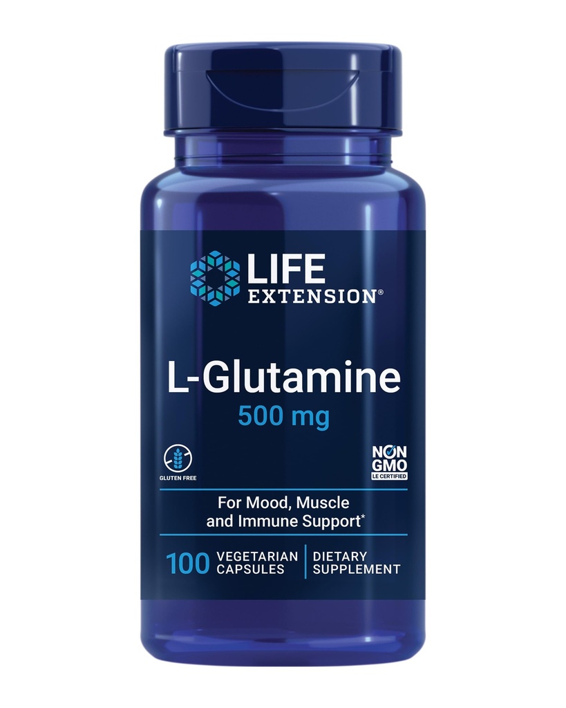 Life Extension L- glutamin, 500 mg L- glutaminu, aminokyseliny, podporuje svalové zdraví a imunitní zdraví, gluten- Free, Non- GMO, 100 Vegetariánských kapslí