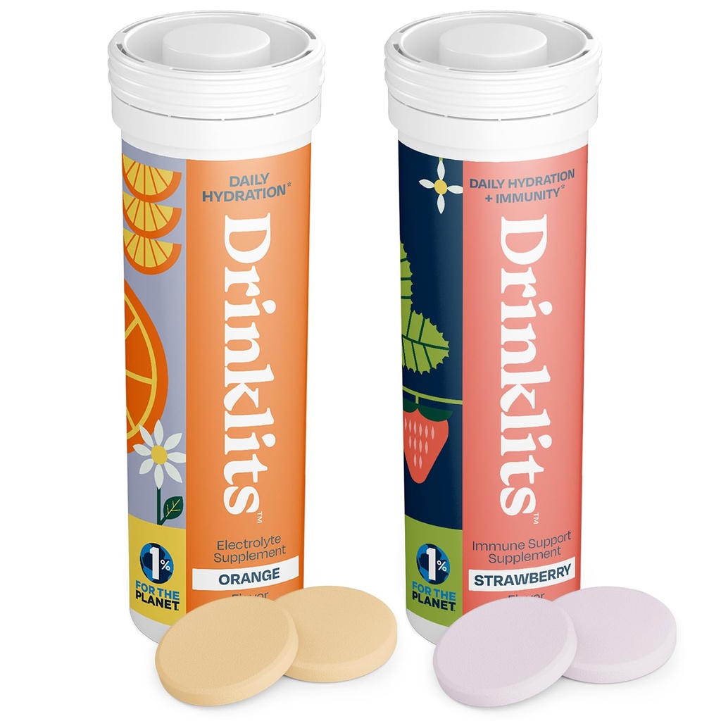 Drinklits Orange Daily Hydration Tablets + Strawberry Imunity Tablets (2) Trubka Balení 124; Essential Electrolytes - Velká chuť - Imunitní podpora 124; 20 Služeb (10 tablet per Tube)
