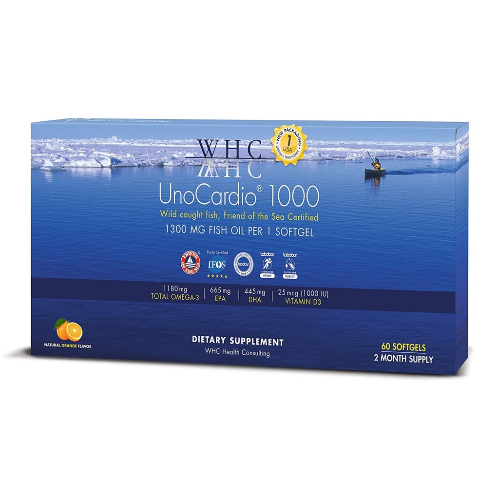 WHC, UnoCardio 1000 Fish Oil, 1300 mg čistého triglyceridového rybího oleje s Omega33 (1180 mg), 665 mg EPA a 445 mg DHA a 25 mcg (1000 IU) Vitamin D3 na softgel, přírodní pomeranč, 60 softgelů