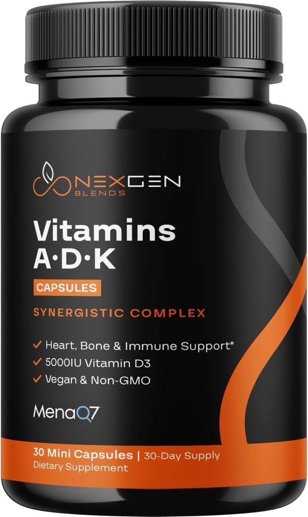 Vysoce absorpční ADK doplněk vitamínu - Veganský vitamin D3 K2 MK7 & A pro regulaci vápníku plus kostní srdce štítné žlázy & imunitní podpora - Vitamin ADK s 5000IU D3 Non GMO & gluten zdarma (1 měsíc)