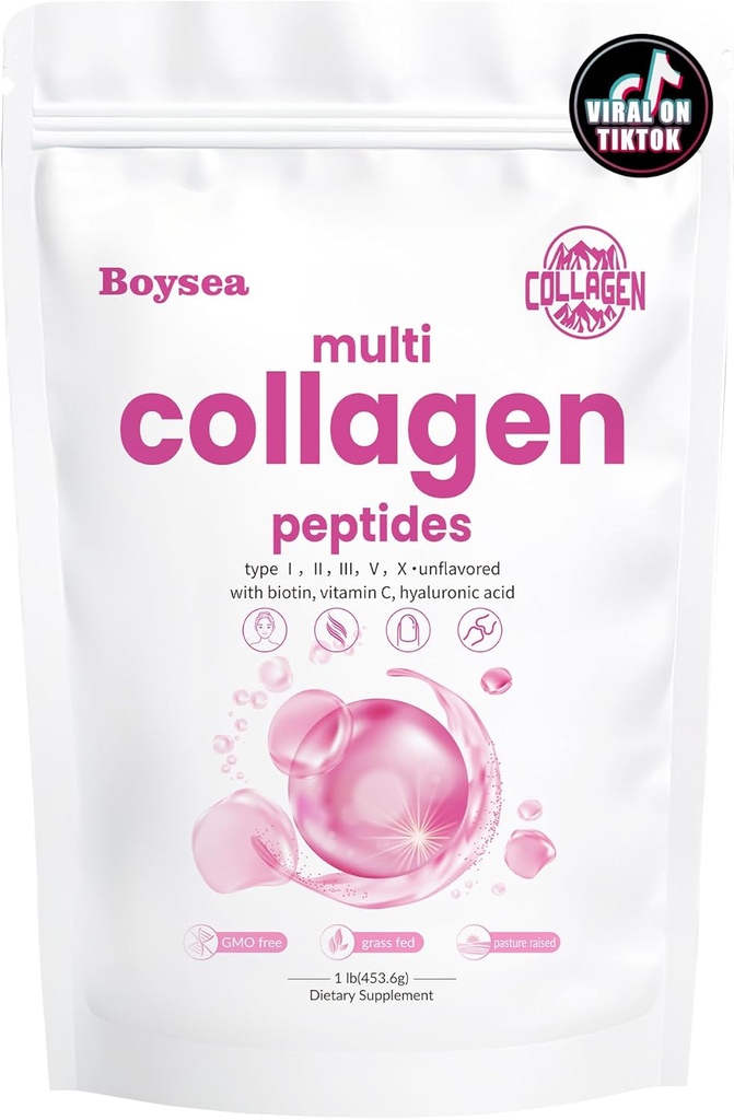 Boysea. Multi- kolagen Peptides Powder - Hydrolyzované proteinové peptidy I, II, III, V, X s Biotin & Vitamin C, Podporuje pleť, vlasy, nehty, a společné, bez příchutí, Non- GMO, gluten- Free, Easy Mix 1LB