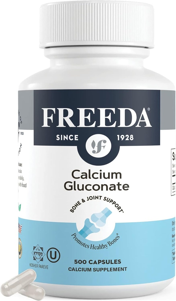 Freeda vápník Gluconate - Kosher Vegan doplněk vápníku - Snadný k digestu & Absorb - Podporuje sílu kostí - Čistý vápník bez vitamínu D - (500 kapslí)