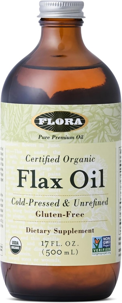 Flora - Flax Oil - Cold-Pressed, Nerafinovaný, Organic Flax Seed Oil - Obsahuje Omega-3 & Omega-6 - Non-GMO & Gluten-Free - Keep Chilled - 17 fl. oz. Amber skleněná láhev