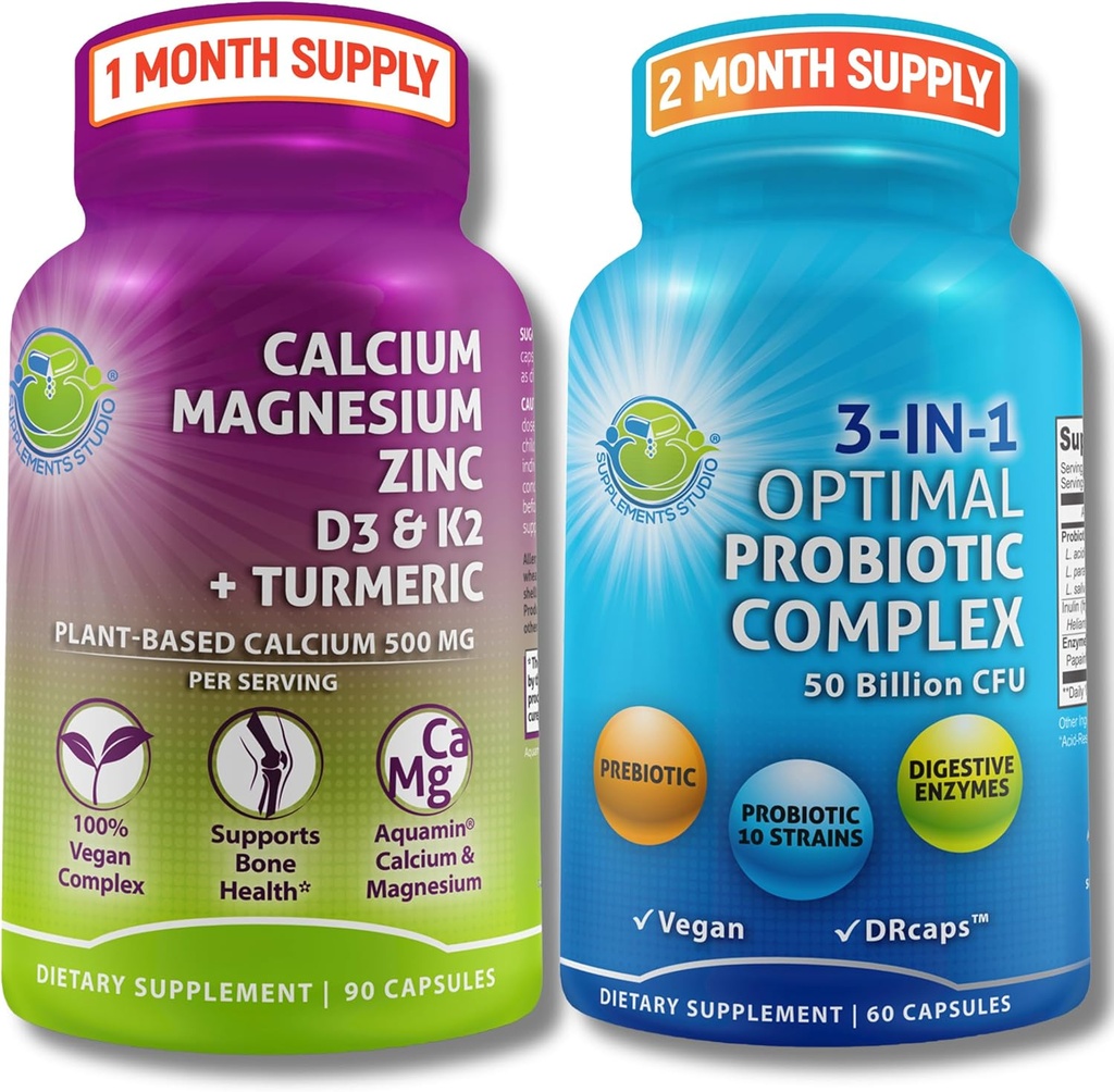 Bone Health & Gut Support Bundle - 3-in-1 Probiotic 50 Bilion CFU, Prebiotic and Digestive Enzymes + Plant- Based vápník, hořčík, zinek, D3, K2 & Organic Turmeric - Vegan, Non- GMO, Clean Label